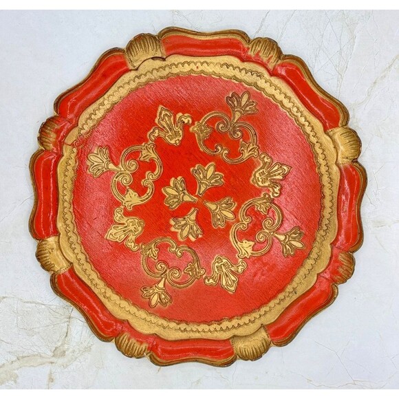Vintage Italian Florentine Toleware Tray Orange Gold Wood Baroque Shabby Chic - Picture 1 of 12